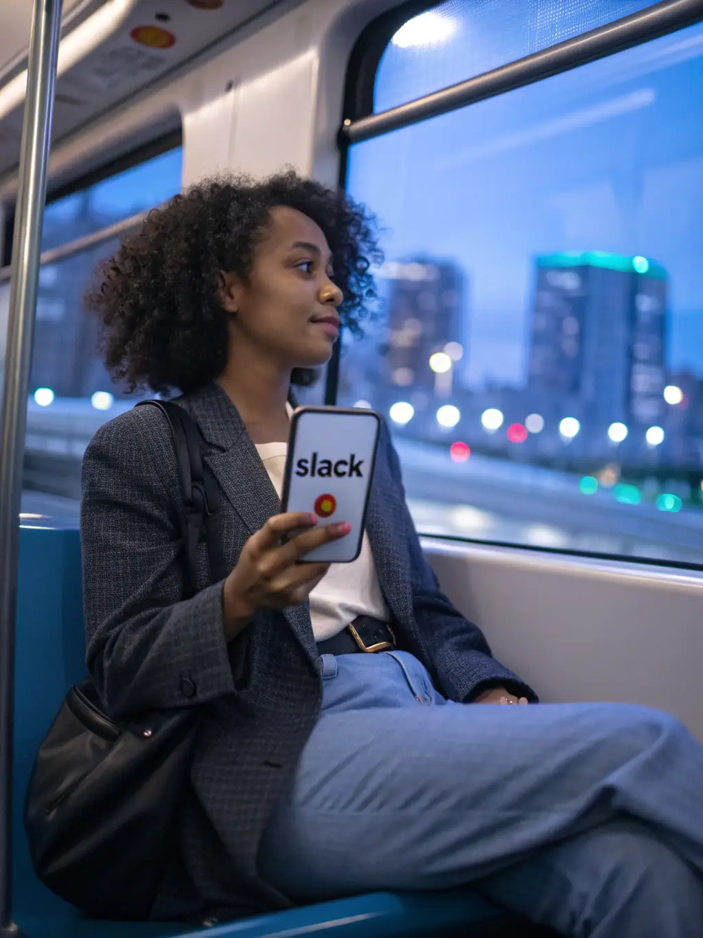 A South African business owner using Slack on a mobile phone while commuting on the Gautrain, staying connected with the team.
