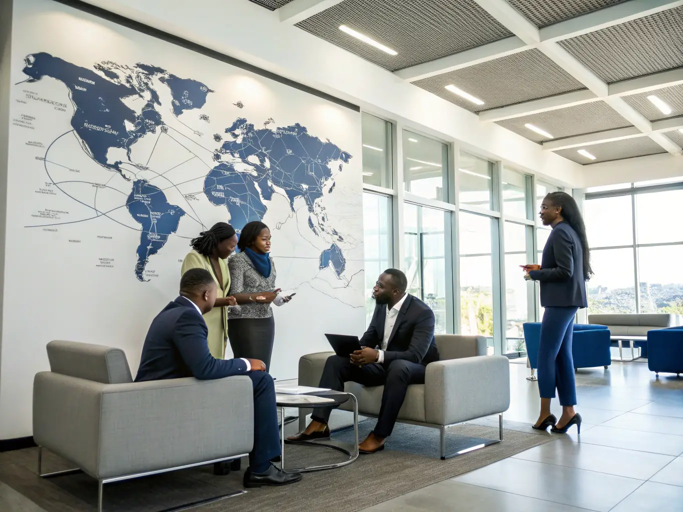A diverse team of South African business professionals collaborating on an automation project, using tablets and interactive displays. The atmosphere is energetic and innovative.