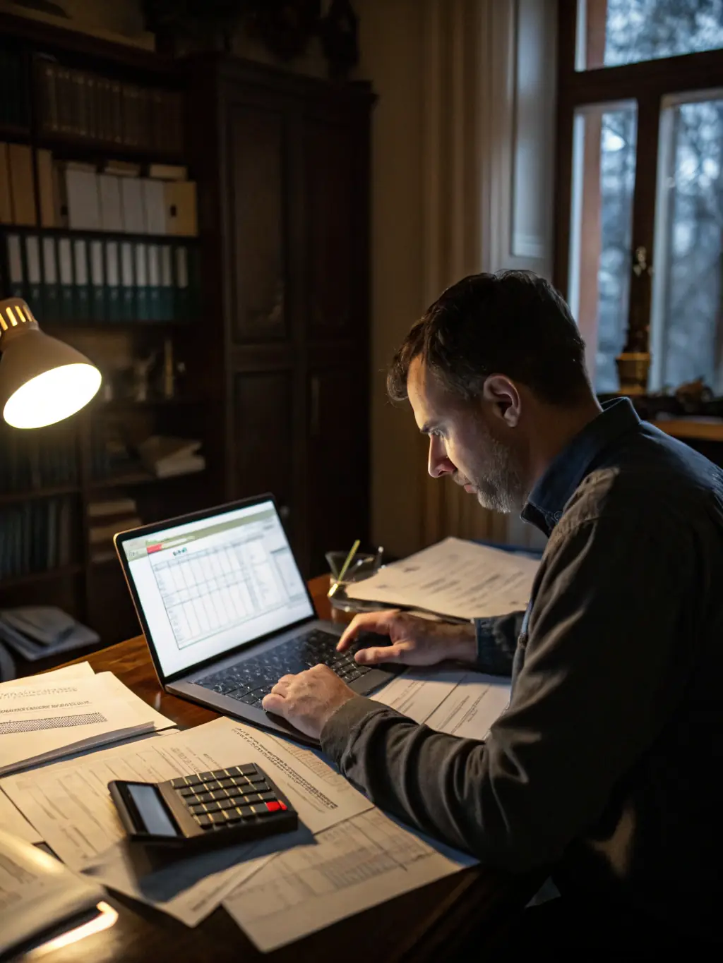 A South African accountant using Xero on a desktop computer in a home office, managing finances and generating reports.