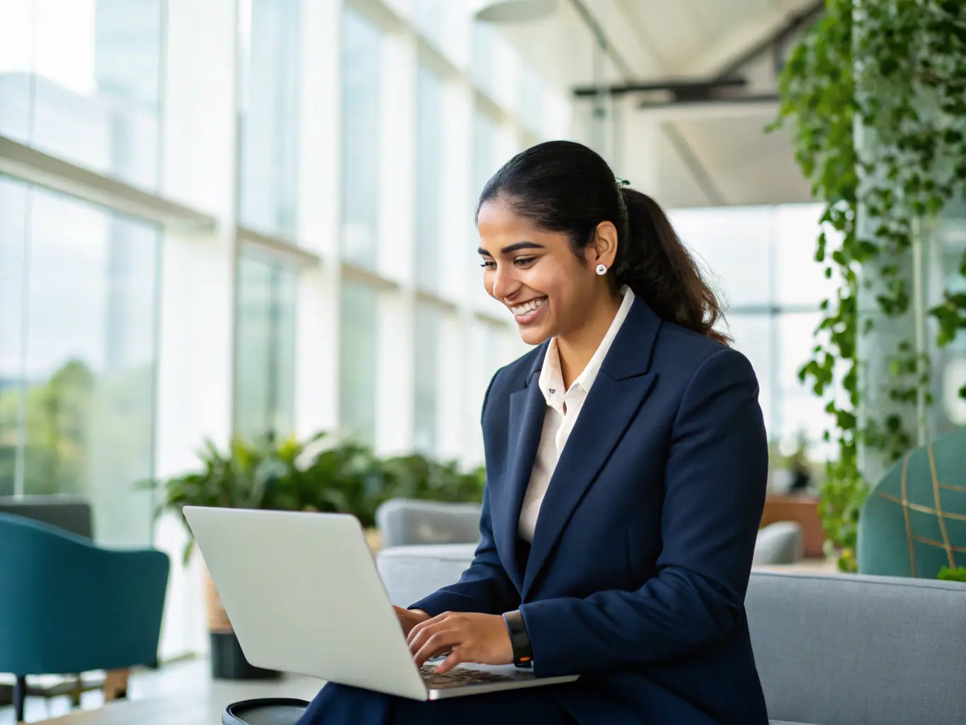 A South African entrepreneur using automation software on a laptop, with charts showing increased efficiency and productivity in the background. The setting is a modern office in Johannesburg.